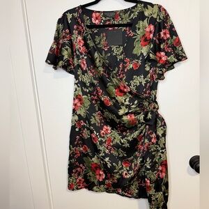 Black & Red Rose Floral Print Wrap Mini Dress - Wedding Guest Brunch Size S NWT